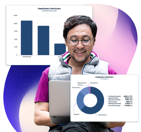 A man looks happy as he views a laptop screen, with charts in the back and foreground