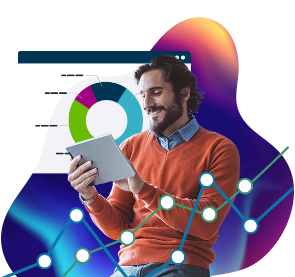 A man looks happily at a tablet, with a pie chart showing results behind him.