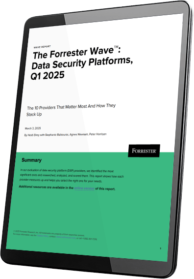 Tablet showing the front cover of the |Forrester Wave 2025 for Data Security Platforms