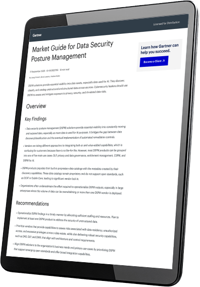 An offset view of a tablet, displaying the front page of the Gartner Market Guide for Data Security Posture Management