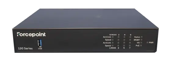 A view of the Forcepoint 130 series appliance on a transparent background