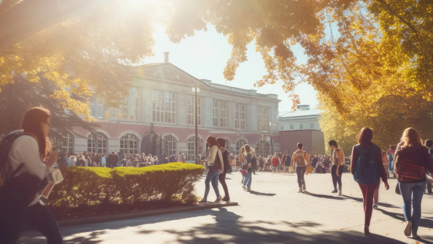 Students walk across a courtyard in front of an ornate building with large windows on a sunny day.