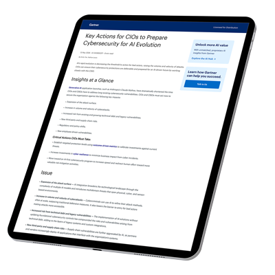 A tablet is titled at an offset angle, displaying the first page of a Gartner report "Key Actions for CIOs to Prepare Cybersecurity for AI Evolution"