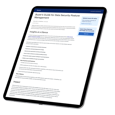 An offset tablet shows the front page of a Gartner report "Buyer's Guide for DSPM"