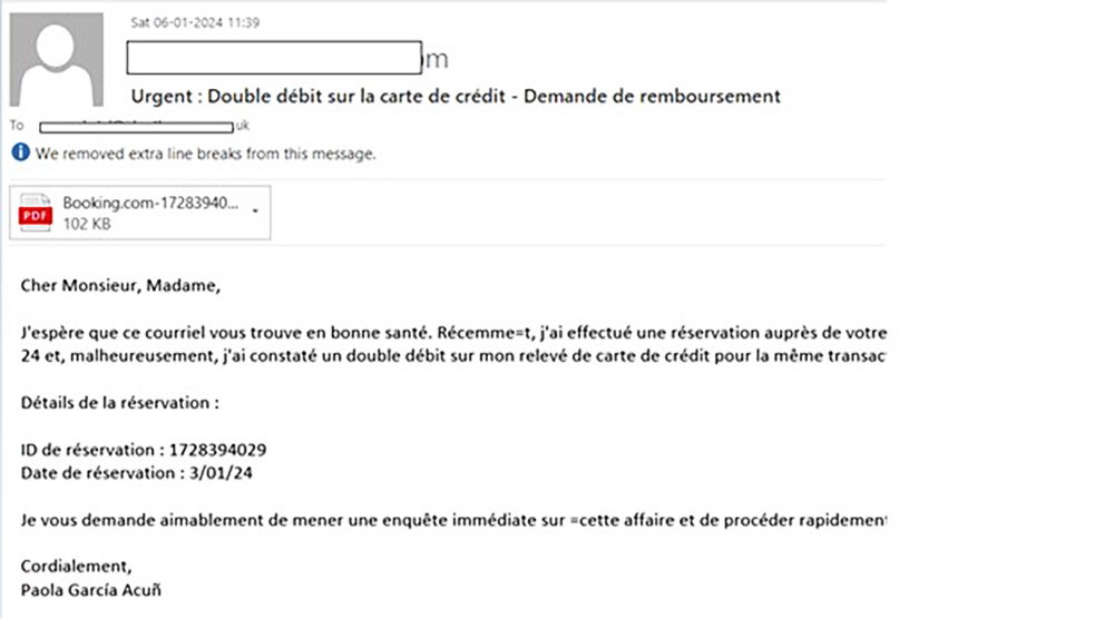 Agent Tesla phishing email - Booking.com