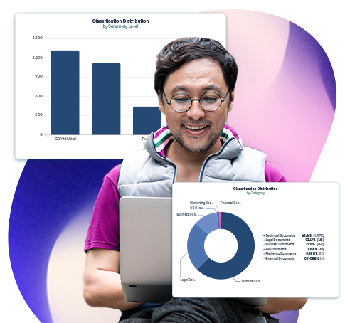 A man looks happy as he views a laptop screen, with charts in the back and foreground