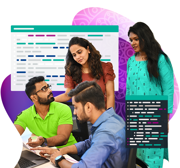 A group of people discuss the display on a laptop computer
