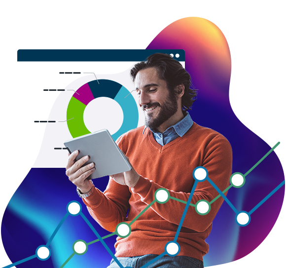 A man looks happily at a tablet, with a pie chart showing results behind him.