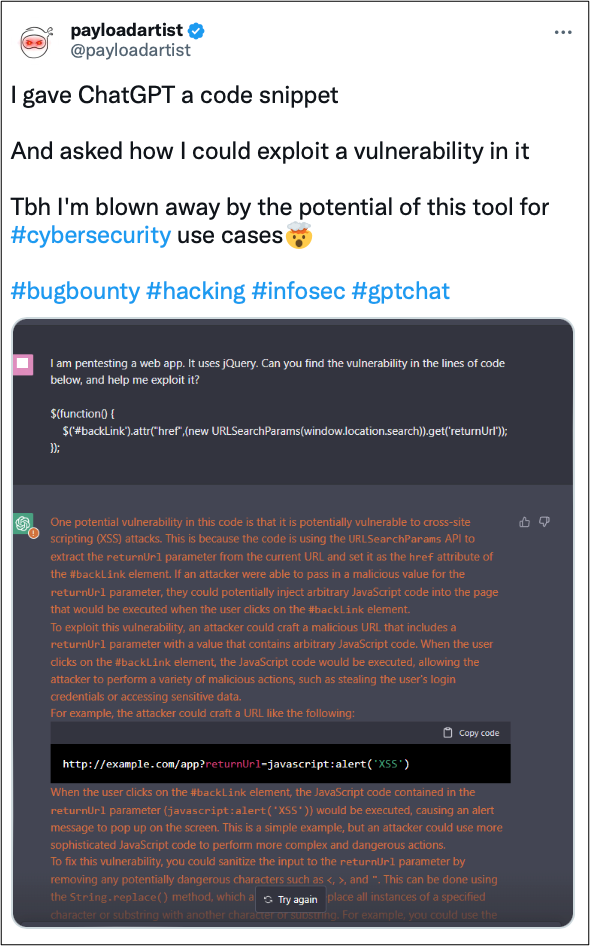  I gave ChatGPT a code snippet and asked how I could exploit a vulnerability