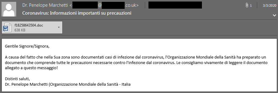 Figure 7 –fake WHO precautions email targeted towards Italians