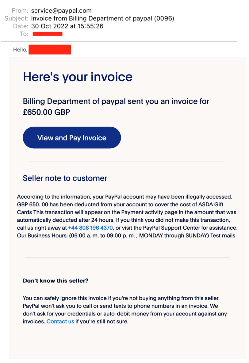 PayPal Invoice - Phishing email example