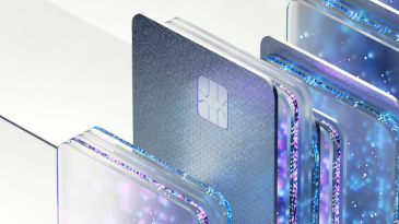 Conceptual data storage units including a banking card stand on their ends in a row, filled with starry light.