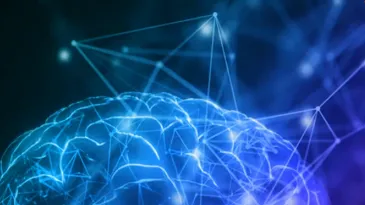 A blue digital brain on a dark background, with connected data points around it