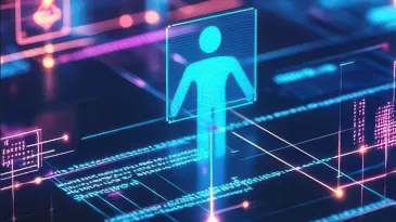 A simple digital male figure stands over a surface displaying information.