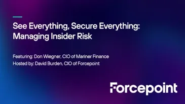 Cover slide with a purple textured background for the Forcepoint webcast "See Everything, Secure Everything: Manage Insider Risk"