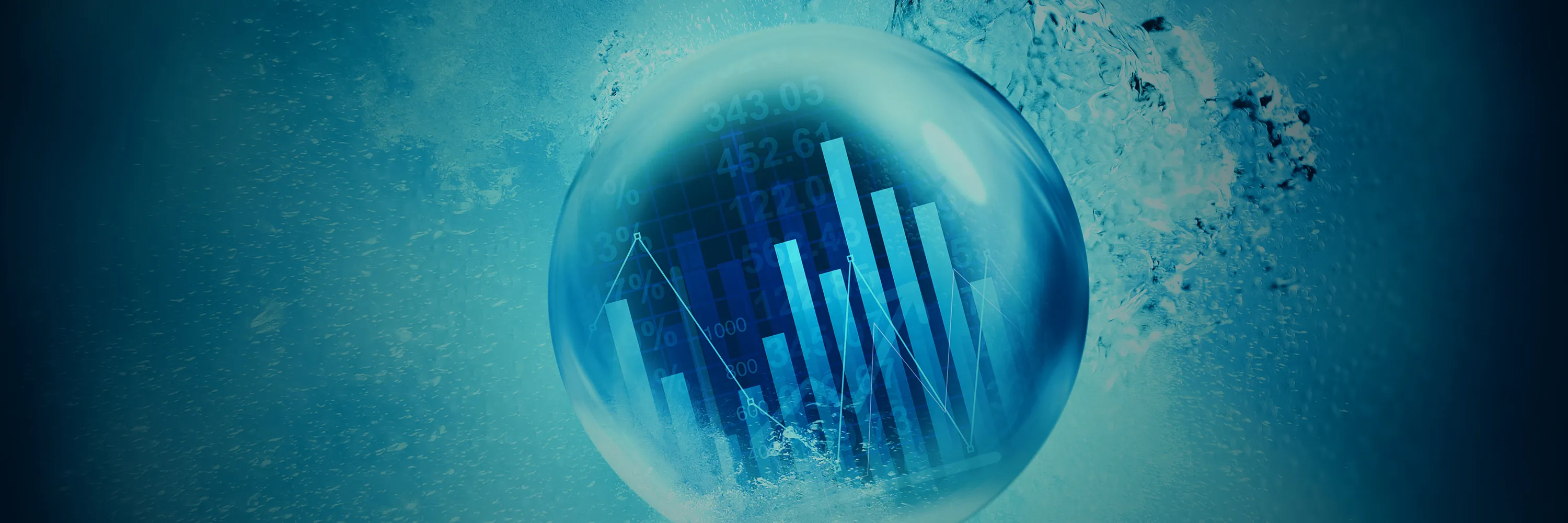 A large bubble rises through blue water, a bar and line chart displayed inside it.