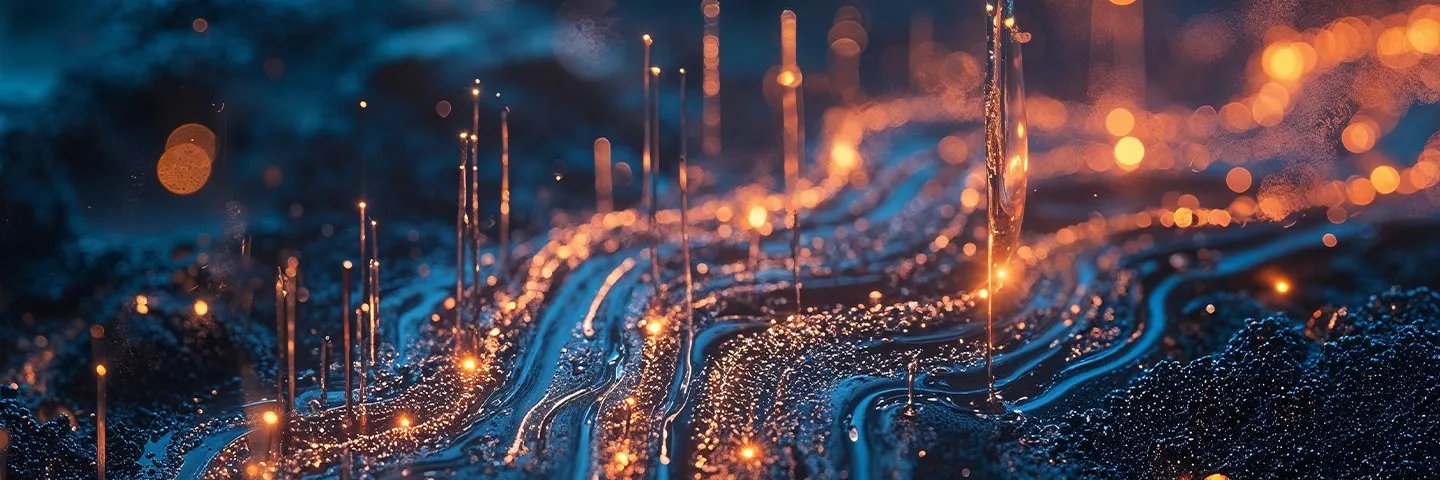 A flow of bright orange lights against a dark, oily liquid surface.