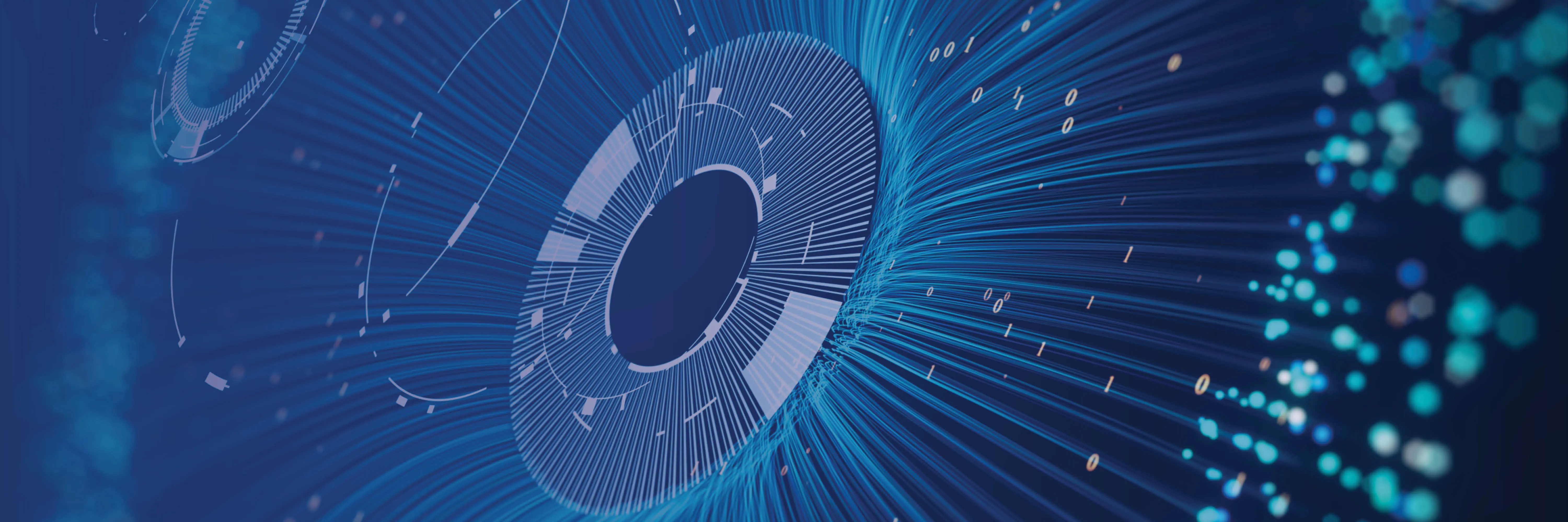 A digital representation of an eye and floating lens.