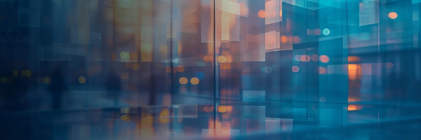 A view of a city street, through blue translucent curtains