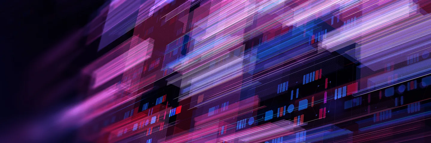 A purple blur of movement in front of digital symbols, on a dark background