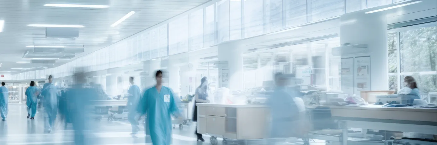 Blurred figures in blue medical clothing walk through a well-lit and open hospital environment.