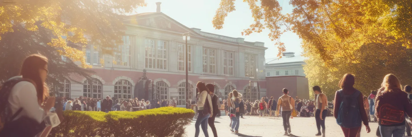 Students walk across a courtyard in front of an ornate building with large windows on a sunny day.